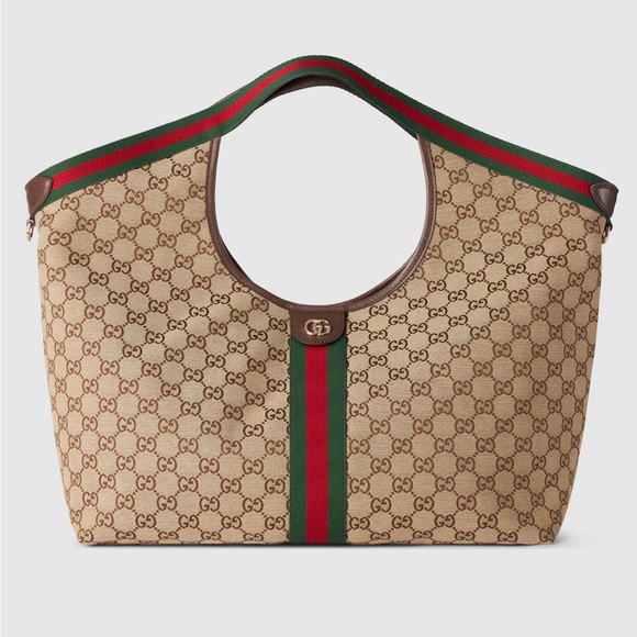 Gucci Handbags - Gucci Giglio Large Beige and Brown GG Canvas Tote with Green & Red Web Trim LN